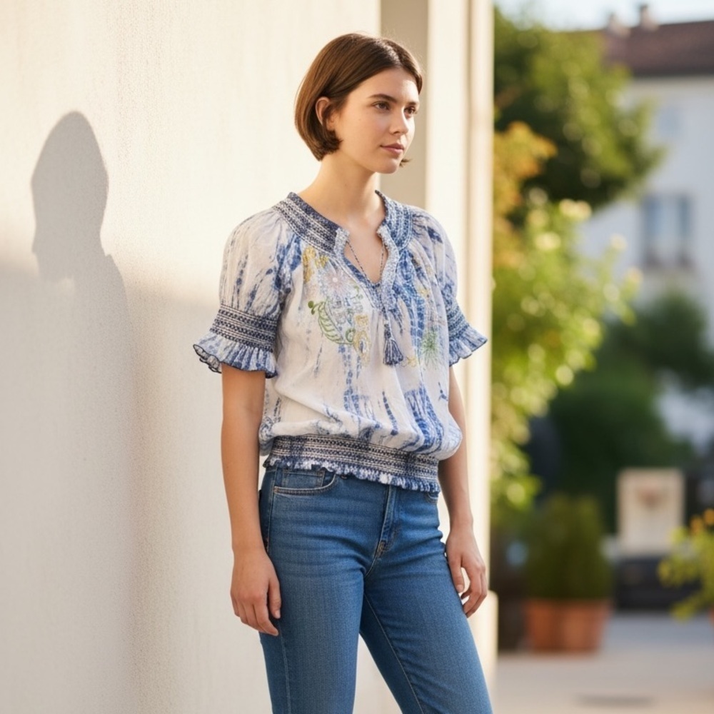 Desigual Peasant Blouse, Shortsleeves, 100% cotton, white with blues and gold